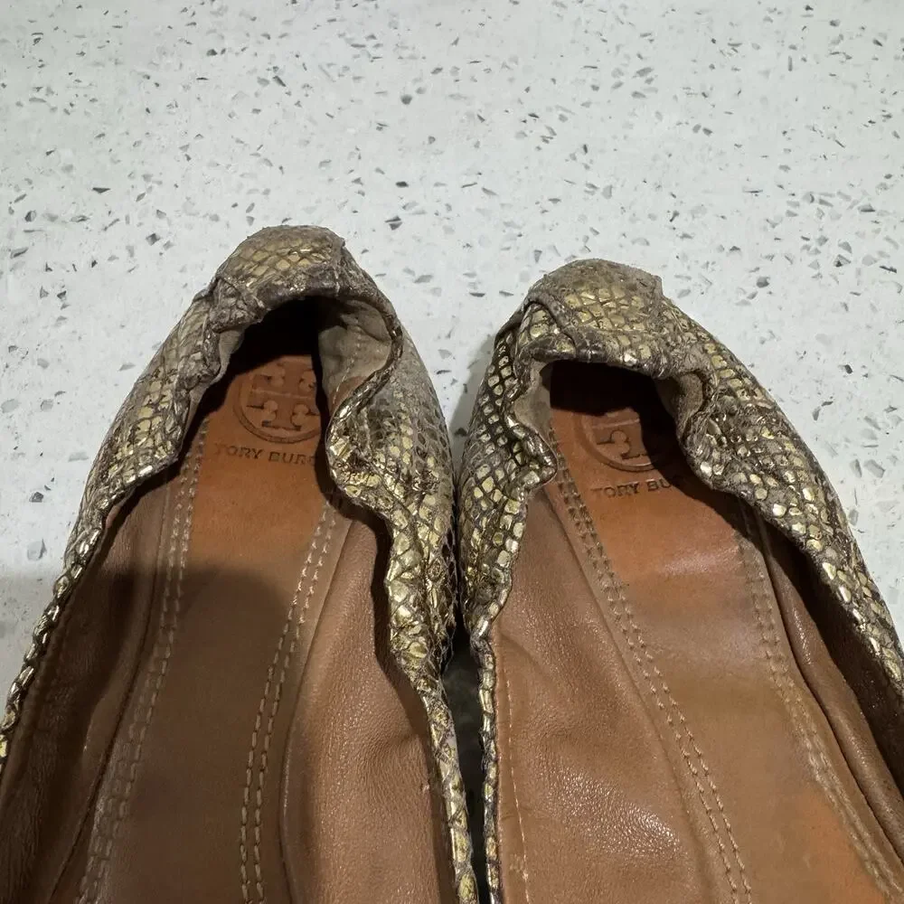 Tory Burch York Roccia ballet flat Gold Slip On Comfort Size 7.5 snake print CP